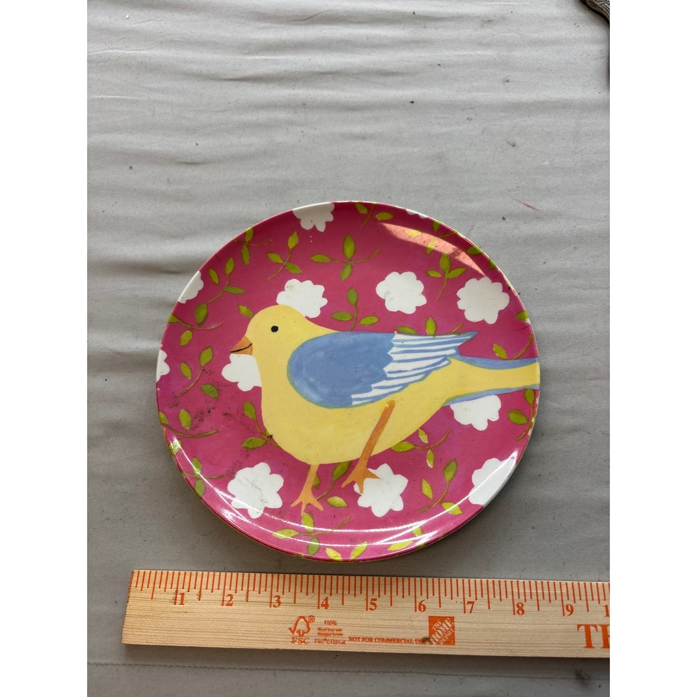 Pottery Barn Kids Melamine Bird Plate Pink Yellow Blue Floral 7.5 inch Small